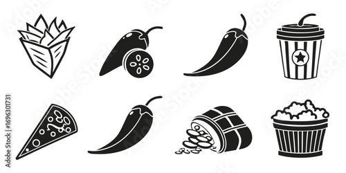 Fast Food Icons Collection Pizza Chili Popcorn Fries.