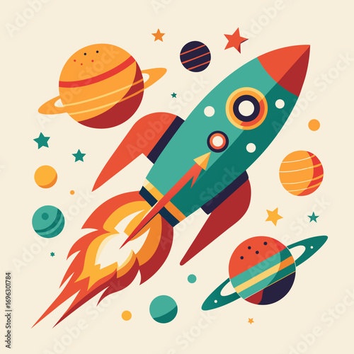 Space Exploration Retro Rocket Vector Illustration