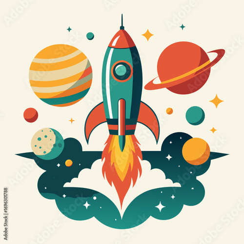 Space Exploration Retro Rocket Vector Illustration