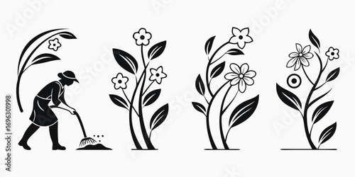 Gardener Tending Plants and Flowers Silhouette.
