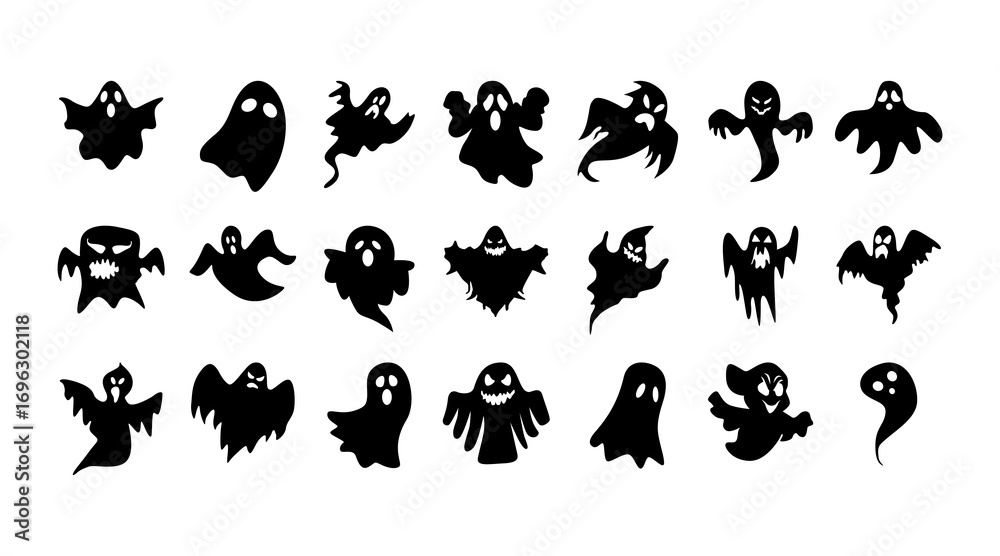Obraz premium Set of spooky Halloween ghost silhouettes with various expressions and poses. Perfect for creating festive posters, stickers, and digital designs for the spooky season.