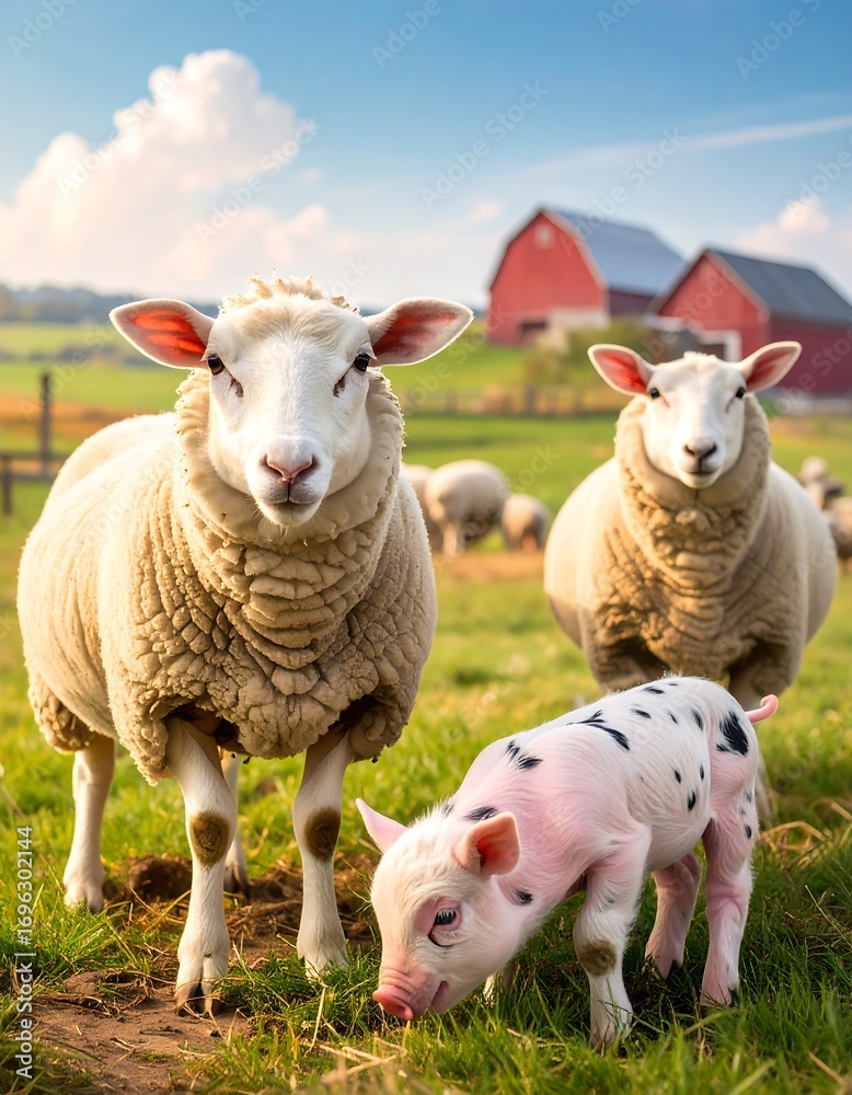 Fototapeta premium A picturesque rural scene showcases a group of sheep and a piglet in a grassy field, bathed in natural light, with a charming red barn in the background.