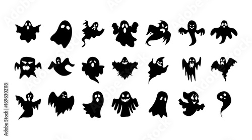 Set of spooky Halloween ghost silhouettes with various expressions and poses. Perfect for creating festive posters, stickers, and digital designs for the spooky season.