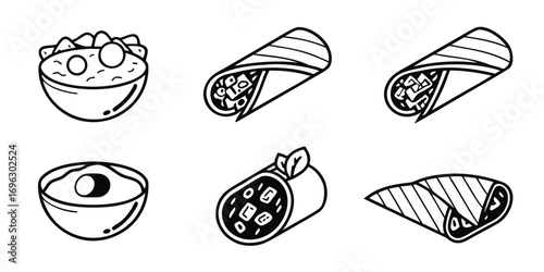 Mexican Food Icons Burritos Tacos and Guacamole.