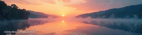 Serene sunrise over a tranquil lake, mist rising, conveying a sense of peaceful spiritual awakening , sun, optimism, water