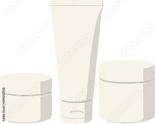 A collection of plain white, unbranded cosmetic cream jars and tubes set against a blue backdrop, presented as an elegant 3D mockup for skincare, beauty, and spa products, featuring copy space