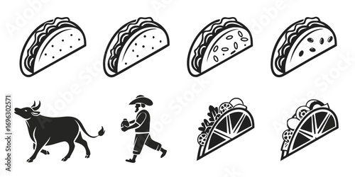 Mexican Taco Icons Collection with Bull and Cowboy.