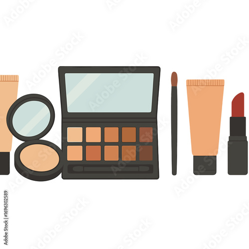 Professional makeup products—including eyeshadow, powder, cream, lipstick, and more—displayed on a pink background in a long banner format