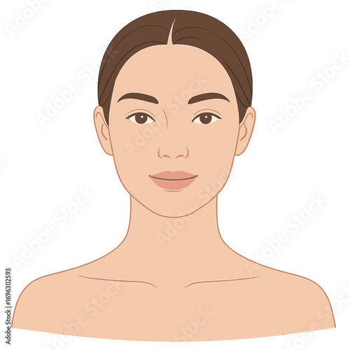 A woman with clean skin and natural makeup, exuding beauty and healthy skin, stands isolated against a white background