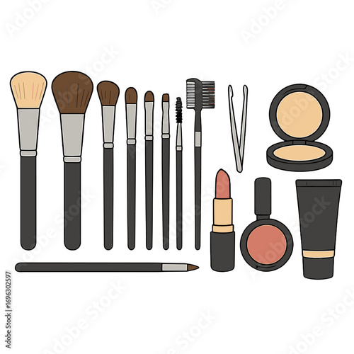 Professional makeup brushes, tools, and product set