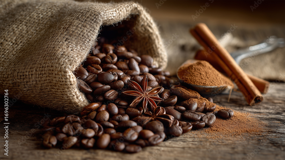 Fototapeta premium 香辛料を添えたコーヒー豆の近接静物シーン