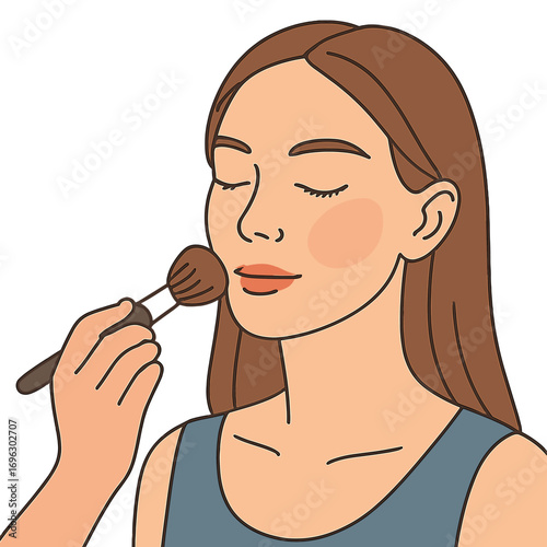 The makeup artist applies powder and blush to the beautiful woman's face, with the master's hand placing blush on the model girl's cheeks during the makeup process