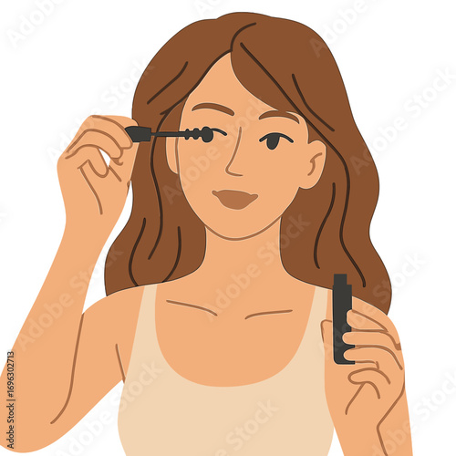 A beautiful woman applies mascara to her eyelashes in the morning