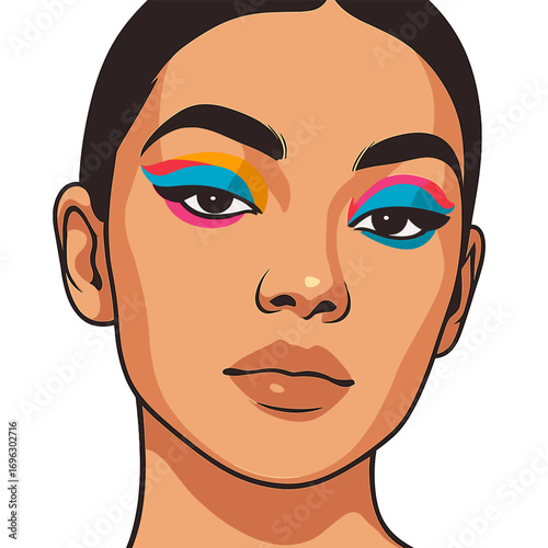 A close-up portrait of beauty highlighting vibrant eyeshadow and flawless skin