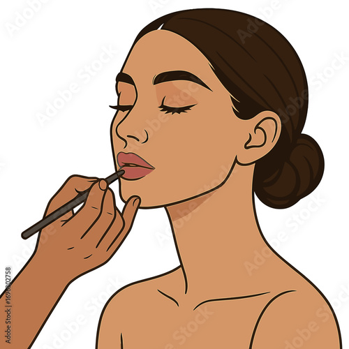 The makeup artist’s hand is coloring the lips of a young, beautiful model; the makeup is underway