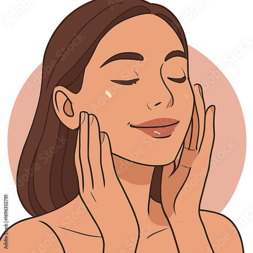 Skin care: a beautiful woman with a radiant face gently touching her healthy skin in a portrait, smiling naturally while a model with natural makeup caresses glowing, hydrated skin against a pink