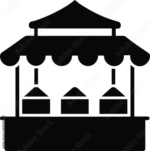 Black Silhouette Icon of a Three- Boxed Booth with a Roof stall kiosk