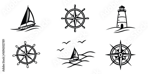 Nautical Icons Collection Sailboat Lighthouse and Compass.