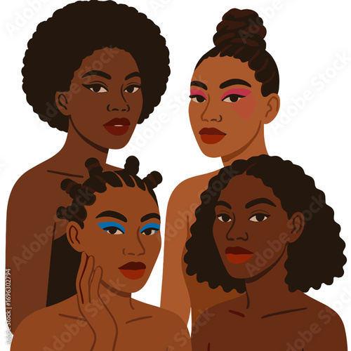 A photoshoot honoring Black beauty, showcasing a range of skin tones, natural hair styles, and striking makeup