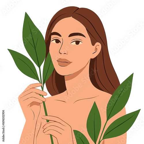A young, beautiful woman surrounded by green leaves near her face and body, showcasing a skincare beauty concept, with a close‑up of her face adorned with green leaves, as a white model poses in a
