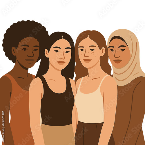 Portrait of diverse models: multi-ethnic women of various skin tones pose together on a beige backdrop, tender multicultural girls standing side by side and looking at the camera