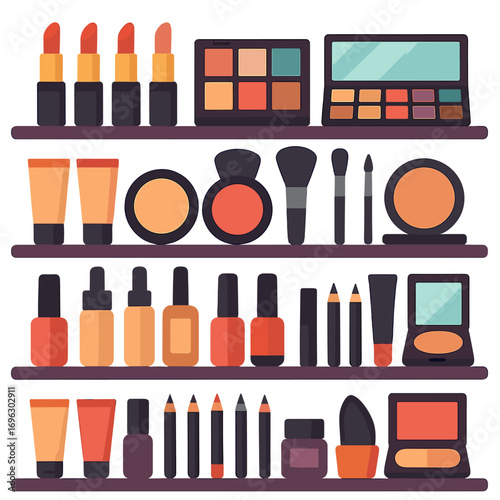 A lively assortment of makeup items showcased on store shelves, highlighting the beauty and cosmetics sector