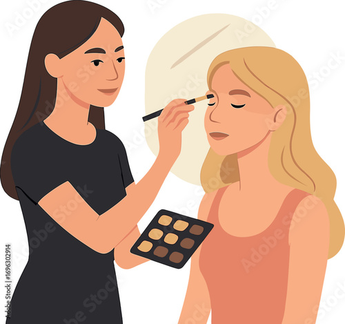 A makeup artist works in a beauty studio, where a professional makeup master applies makeup to a woman, creating a stunning look for a blonde-haired model