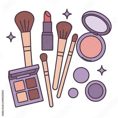 Stunning makeup brushes featuring decorative cosmetics against a lilac background