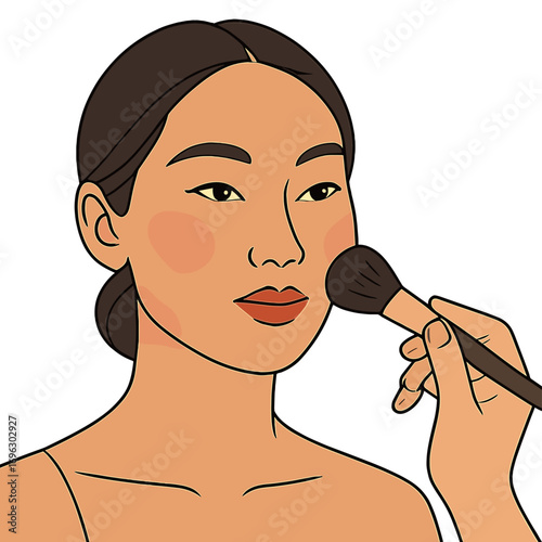 A makeup artist applies powder and blush to a beautiful Asian woman's face, as the master’s hand places blush on the model’s cheeks, continuing the makeup process on this beautiful woman