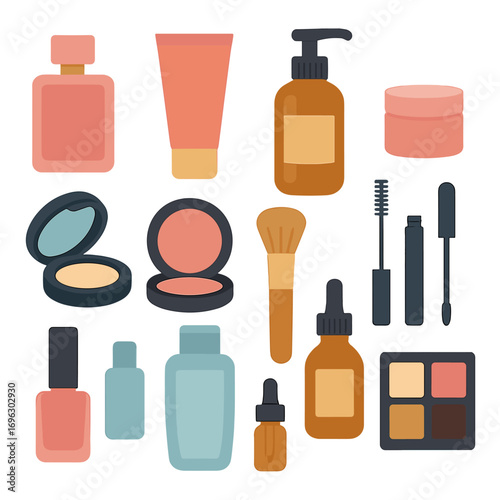 Multiple beauty products displayed against a white background
