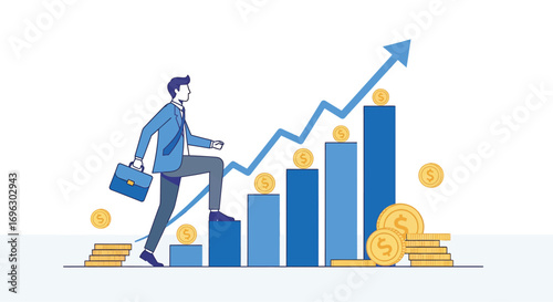 Businessman climbs rising bar chart with briefcase, symbolizing career growth and financial success in modern business world, conveying ambition and achievement.