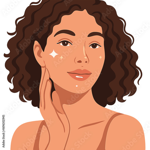 Portrait of a woman with a beautiful face and healthy skin, featuring a curly-haired model with natural makeup touching her glowing, hydrated skin against a pink backdrop in a close-up, high-quality