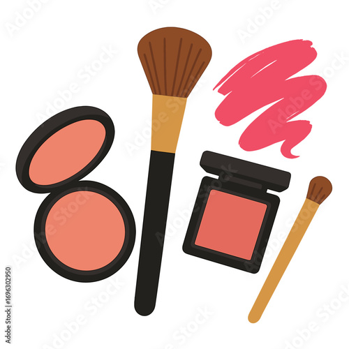 A selection of cosmetics such as blush, brushes, and a bright color swatch arranged beautifully, perfect for displaying makeup artistry and cosmetic brands
