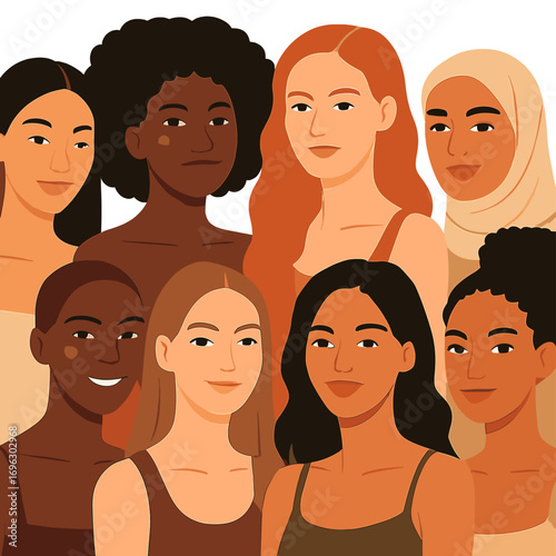 A diverse collection of stunning women showcasing natural beauty and radiant, smooth skin, captured in a portrait of numerous attractive female fashion models with excellent skincare across all