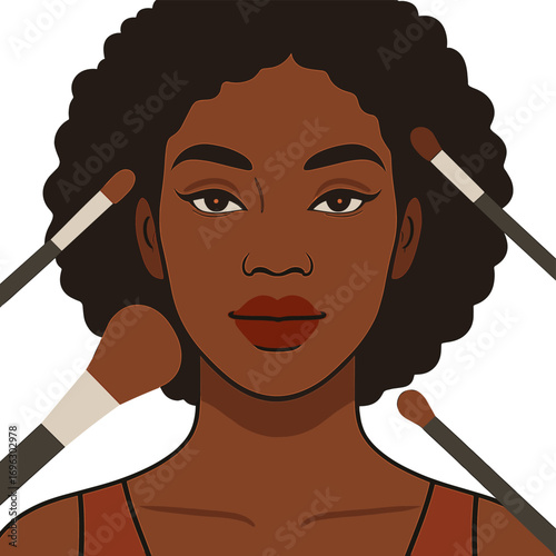 A portrait of a beautiful black woman with makeup brushes beside her attractive face