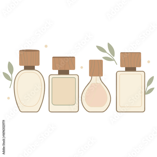 Sleek perfume bottles with wooden caps and a minimalist design