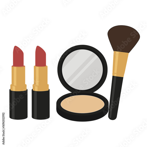 A luxurious makeup collection showcasing lipsticks, powder, and a brush set against a clear backdrop, ideal for beauty and cosmetics themes