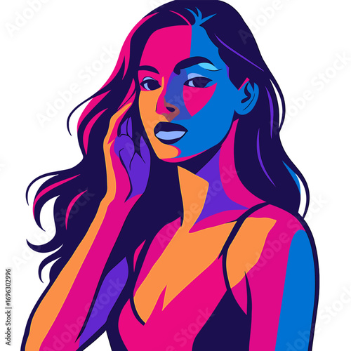 A brunette fashion model poses in a studio bathed in vibrant neon lights, showcasing a stunningly sexy look with trendy glowing makeup and metallic silver lips