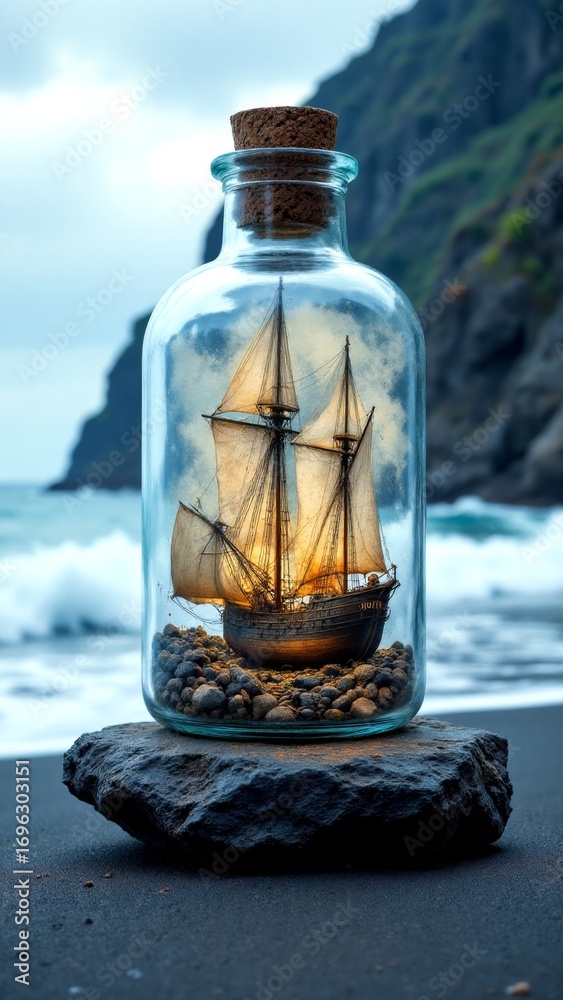 Obraz premium A mesmerizing ship in a bottle graces a scenic beach under a cloudy sky