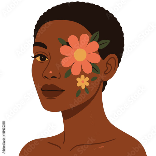 A black model showcases makeup and beauty featuring floral eye designs for cosmetics, wellness, and skin art in a studio, with glowing skin, facial flowers, and creative floral patterns highlighted