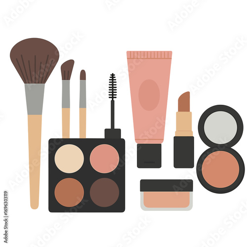 A set of makeup products featuring natural brushes