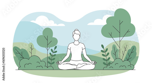 Woman meditating in lotus position outdoors surrounded by trees and bushes, finding inner peace and tranquility in nature on a bright day.