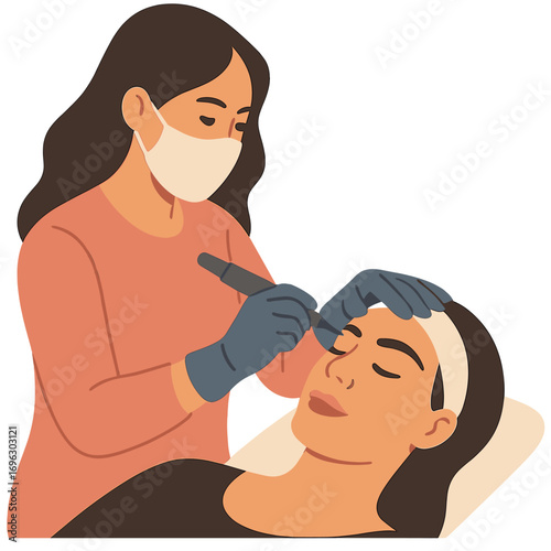 A beautician applies a permanent eyebrow tattoo to a woman's face