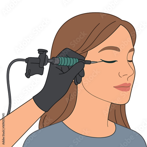 Close-up of a young woman receiving permanent eye makeup at a tattoo salon
