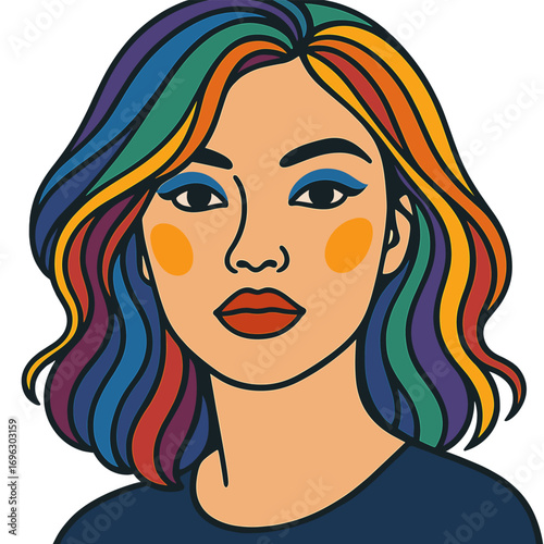 Close-up portrait showcasing multicolored hair and makeup