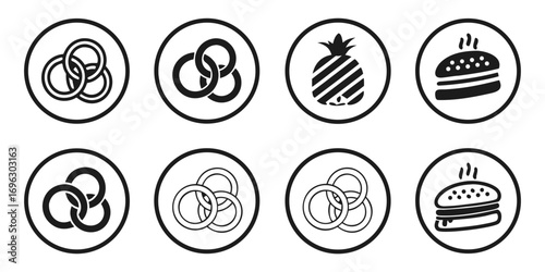 Set of Eight Circular Icons Interlocking Rings Pineapple and Burgers.