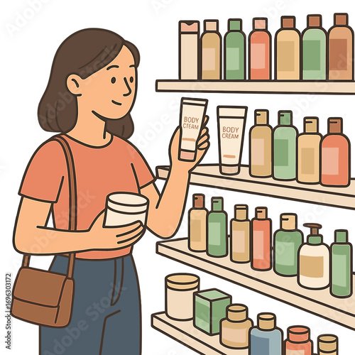 A young woman selects a body cream in a store, standing beside the cosmetic shelves