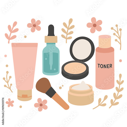 A background in beauty featuring facial cosmetics, focusing on makeup and skincare concepts