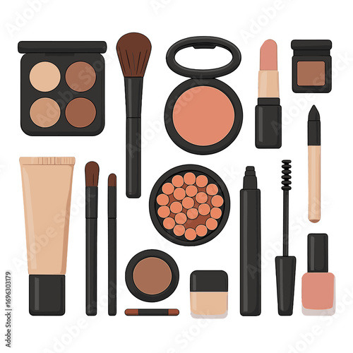 A set of professional makeup tools displayed from a top view against a white background