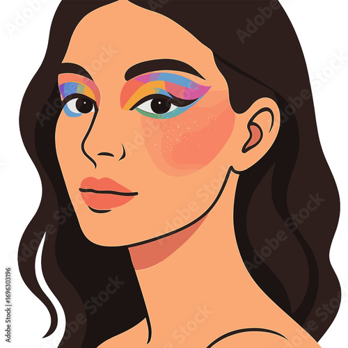 Rainbow Dreams Makeup: A close-up of a woman's face showcases vivid rainbow eye makeup and glittering blush, as the model's gentle gaze conjures a captivating, ethereal glow